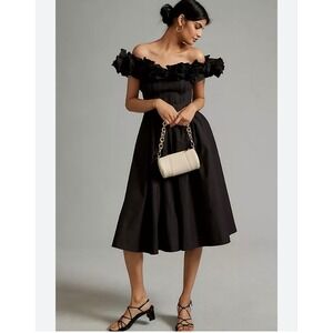 Maeve Ruffled. Neckline Midi Dress A-line Black Off the Shoulder Medium